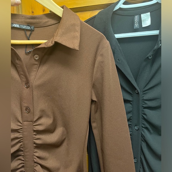 ZARA Sheska Black Stretch Dress Shirred Button Front V-neck Classic Longsleeve M - Picture 1 of 16